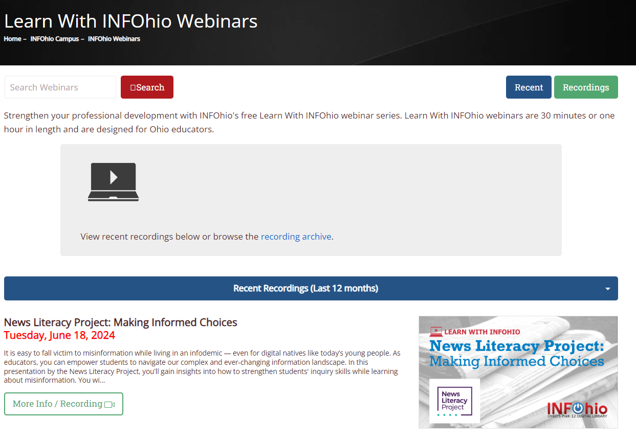 Learn with INFOhio webinars screenshot