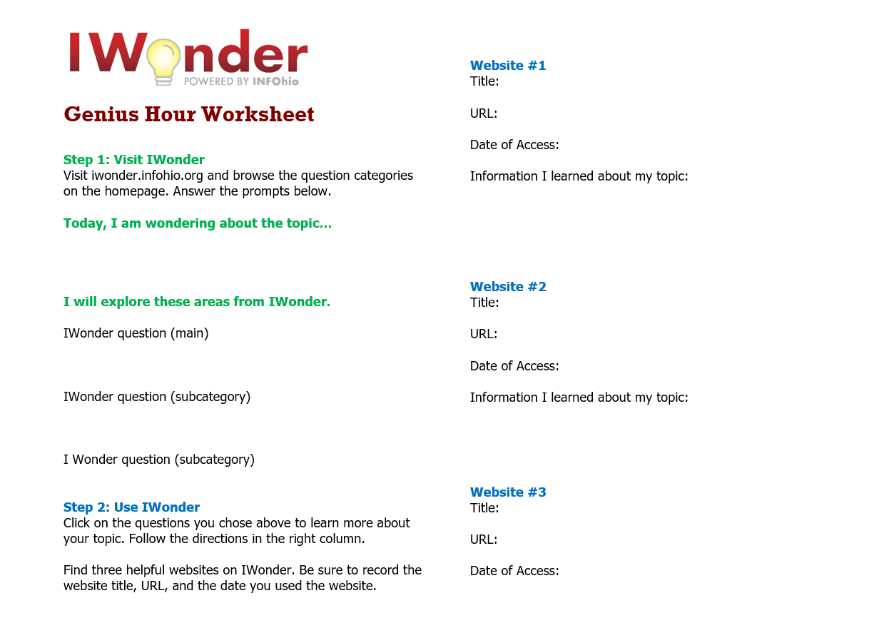 IWonder Genius Hour Worksheet (Editable Version)