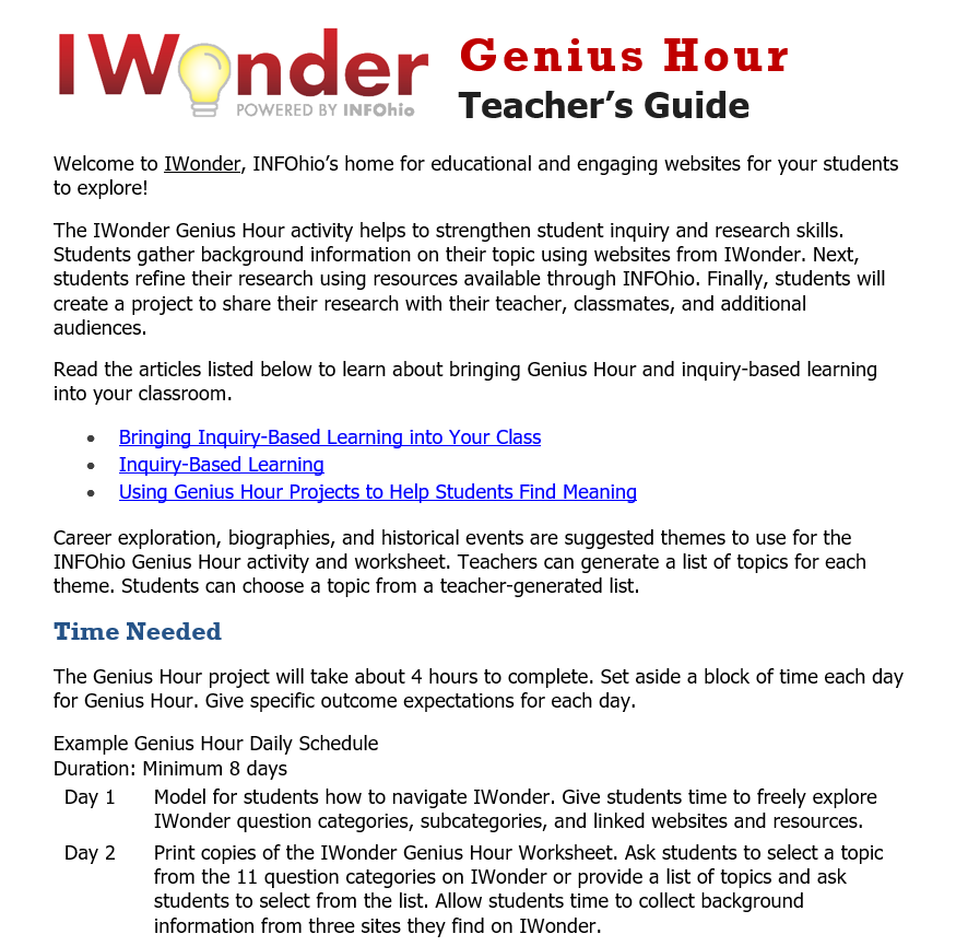 IWonder Genius Hour Teacher's Guide